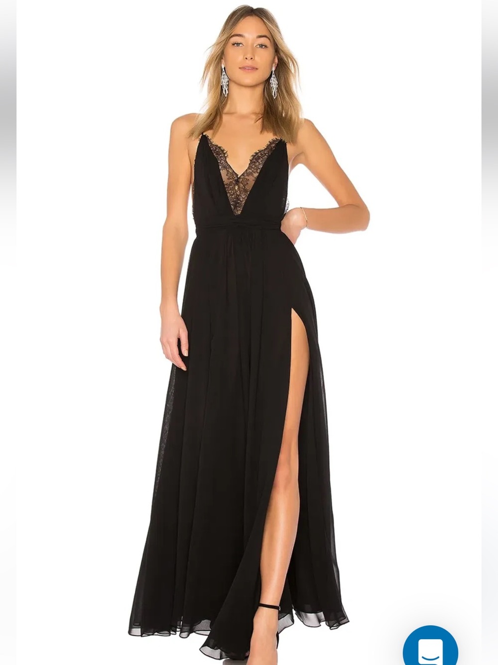 Black Lace-Inset Plunge Maxi Dress with Side Slit